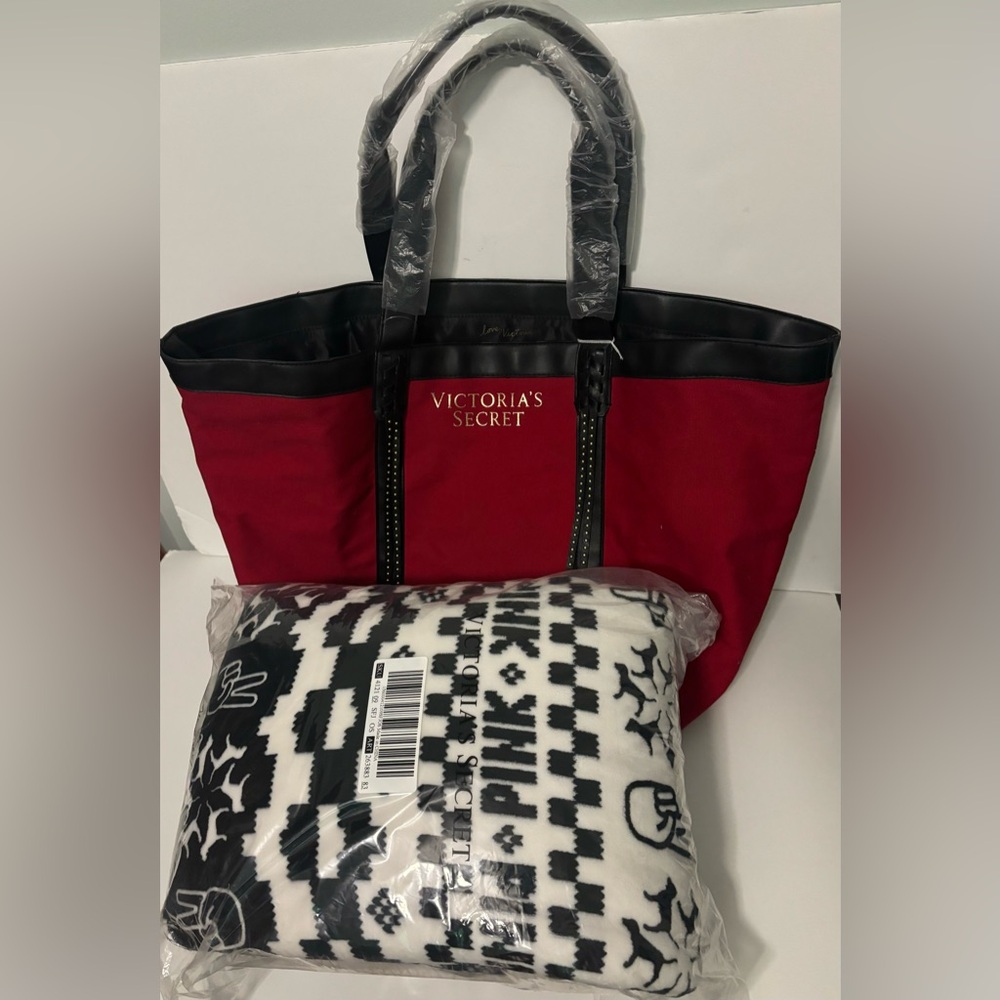 VS Pink Black Throw Blanket w Tote Bag
